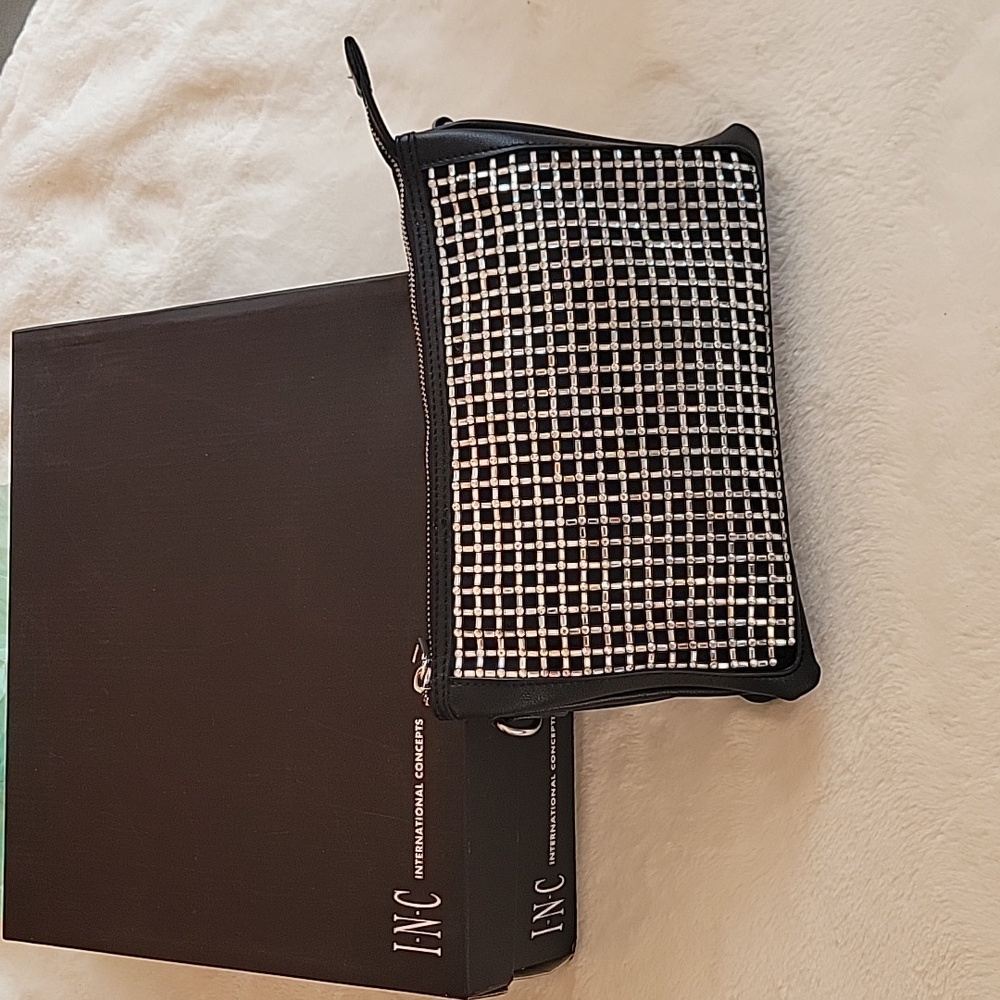 INC International Concepts Black & Crystal Arm Clutch Bag